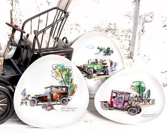 3 magical vintage porcelain plates, Johann Haviland Bavaria vintage cars, pastry chocolate plates, nostalgic antique collection plates 1960s