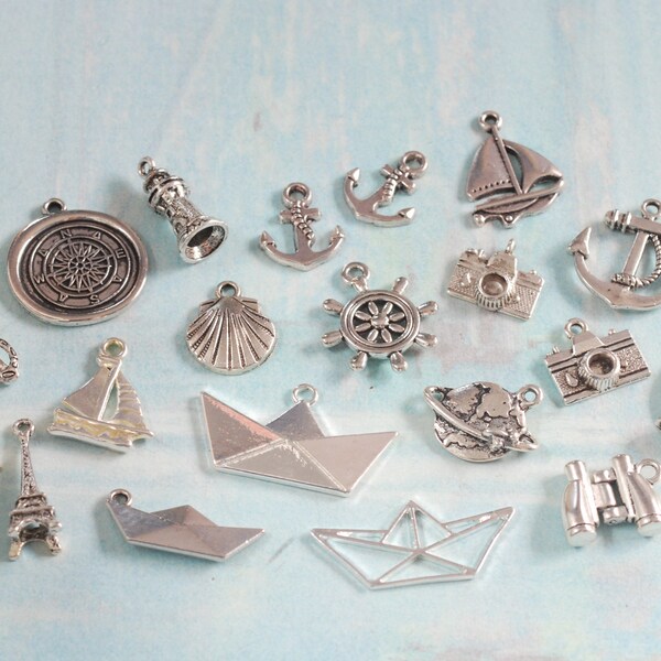 Metallanhänger-Set, 20 Charms, Travel maritim Sommer Urlaub Strand Anker Segeln Muscheln Beach Metall-Anhänger