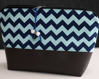 Cosmetic bag culture bag chevron blue with faux leather in brown/small gift or souvenir/maritime washing bag
