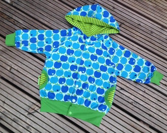 Jacke Gr. 80 Äpfel by Graziela blau grün Retro / Babyjacke / Sweatjacke / Sweatshirtjacke