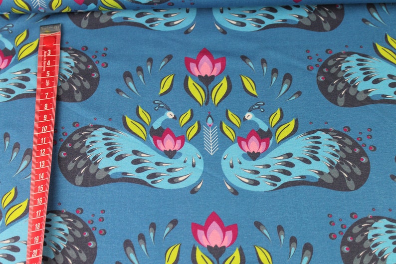 Jersey Peacock Dreams Blue peacock flowers/Hilco/fabric for girls/girls fabric/baby fabric/cotton jersey/Tulips Floral image 4