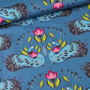 Jersey Peacock Dreams Blue peacock flowers/Hilco/fabric for girls/girls fabric/baby fabric/cotton jersey/Tulips Floral image 1