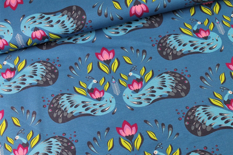 Jersey Peacock Dreams Blue peacock flowers/Hilco/fabric for girls/girls fabric/baby fabric/cotton jersey/Tulips Floral image 1