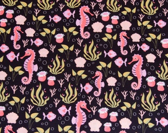 HILCO Jersey Sea Life Seahorse pink black coral / cotton jersey / children's fabric