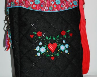 Shoulder bag flowers black red / large bag / black red / embroidered / gift for her