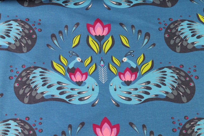 Jersey Peacock Dreams Blue peacock flowers/Hilco/fabric for girls/girls fabric/baby fabric/cotton jersey/Tulips Floral image 2