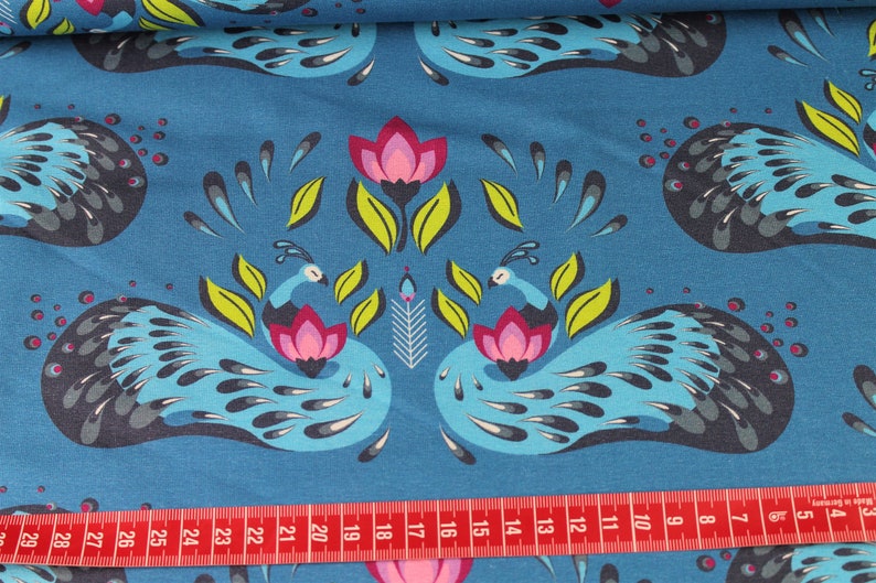 Jersey Peacock Dreams Blue peacock flowers/Hilco/fabric for girls/girls fabric/baby fabric/cotton jersey/Tulips Floral image 3