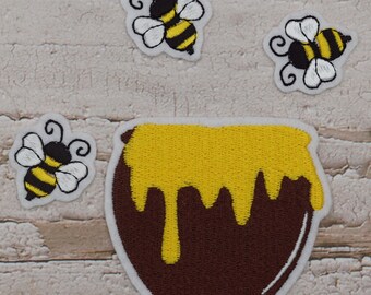 Stickaufnäher Honigtopf mit 3 kleinen Bienen / Aufnäher / Applikation