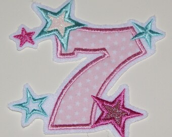 Stickaufnäher Geburtstagszahl 7 mit Sternen (10 Designs) wahlweise mit Name
