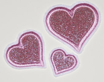 Stickaufnäher Glitzerherzen (3er Set) rosa