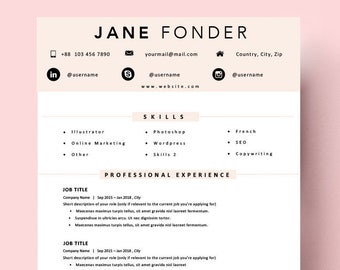 Resume Template One Page CV modern professional design for MS Word Instant Digital Download CV template A4