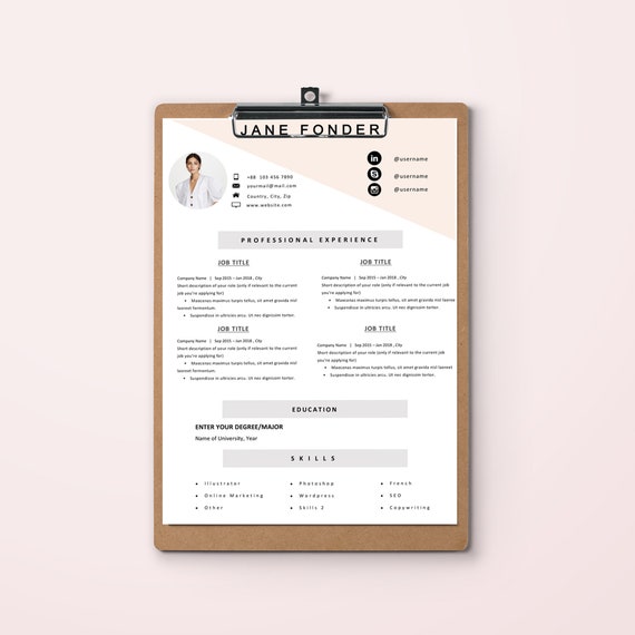 resume template one page cv modern professional design for ms etsy