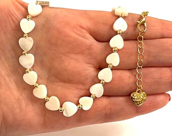 Mother of Pearl Hearts&Gold Necklace