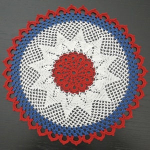 31 cm, 12.20 inch, Red, White Blue, Patriotic, 4th of July, Memorial Day, Independence Day, Americana, Hand Crochet Doily, ogrc, 128