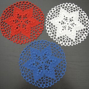 Set of 3 pcs, 18 cm, 7.1 inch, Red White Blue, Patriotic, 4th of July, Memorial Day, Hand Crochet Doily, ogrc, #801