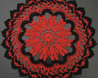 25 cm, 9.8“, Rood, Zwart, Passie, Liefde, Gotic, Halloween, Modern, Boho, Boerderij, Handgehaakt kleedje, ogrc, 1068