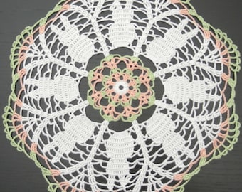 34 cm, 13.4“, White, Peach, Green, Easter, Spring, Bunny, Hand Crochet Doily, ogrc, 1008