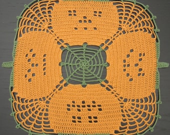 31 cm, Hand gehäkeltes Deckchen, Häkeldeckchen in den Farben Orange, Grün, Kürbis, Herbst, Erntedank, Halloween, ogrc, #1169