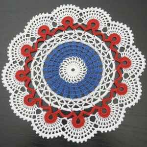 26 cm, 10.2 inch,  Red, White, Blue, Patriotic, 4th of July, Americana, Everyday, Small, Hand Crochet Doily, ogrc, 1049-3