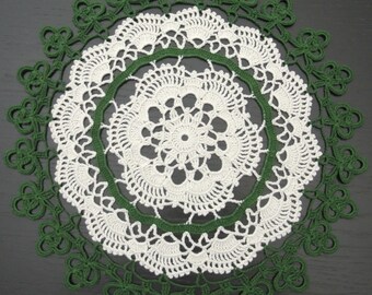 35 cm, 13.8“, Off White/Natural/Ecru/Ivory/Cream/Beige, Green, St Patrick's Day, Irish, Shamrock, Handmade Crochet, Doily, ogrc, 1009