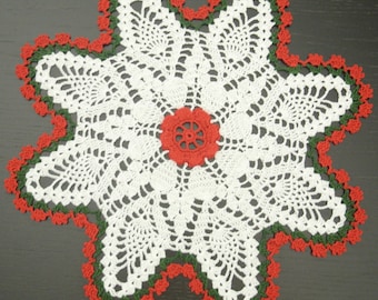 36 cm (14,2 ") handgemachtes Häkeldeckchen Häkeldeckchen: Weihnachten, rot weiß grün, Rund, Spitz, #646