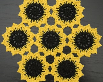 21 cm, 8.3“, Sunflower, Yellow Brown Black Green, Floral, Hand Crocheted Doilies, ogrc, 1064