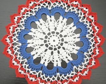 25 cm, 9.8“, Red White Blue, 4th of July, Patriotic, Americana, Memorial Day, Independence Day, Veterans. Hand Crochet Doily, ogrc, 760