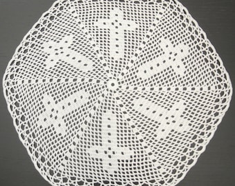 42 cm, 16.5“, White, Cross, Christian Decor, Easter, Lent, Hexagonal Hand Crochet Doily, ogrc, 984