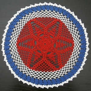 36 cm, 14.2 inch, Red White Blue, Patriotic, 4th of July, Americana, Memorial, Independence Day, Vintage Style Hand Crochet Doily, ogrc, 236