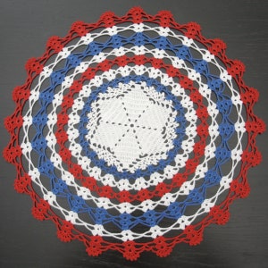 43 cm, 16.9 inch,  Red, White, Blue, Patriotic, 4th of July, Americana, Independence, Memorial Day, Hand Crochet, Doily, ogrc, 1074