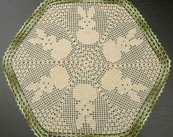 57 cm, 22.4“, Beige and Variegated Olive Green, Hand Crochet, Easter, Spring, Bunny, Doily, Large,  ogrc, 470