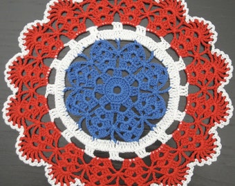 22 cm, 8.7“, Red White Blue, 4th of July, Patriotic, Independence Day, Memorial Day, Americana, Summer, Hand Crochet Doily, ogrc, 779