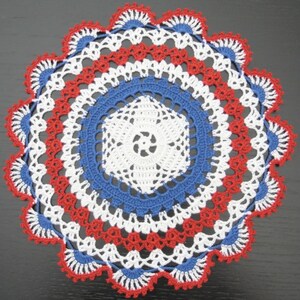 28 cm, 11 inch, Red White Blue, Patriotic, 4th July, Americana, Memorial Day, Independence Day, Farmhouse, Hand Crochet Doily, ogrc, 747-2