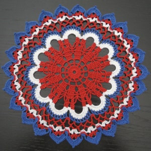 25 cm, 9.8 inch, Red White Blue, 4th of July, Patriotic, Independence Day, Memorial, Americana, Hand Crochet Doily, ogrc, 1044