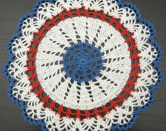 27 cm, 10.6“,  Red, White, Blue, Patriotic, 4th of July, Americana, Independence, Memorial Day, Small, Hand Crochet, Doily, ogrc, 1071