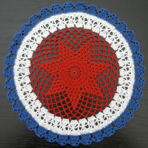 27 cm, 10.6 inch, Red, White, Blue, Patriotic, 4th of July, Memorial, Veteran, Independence, Americana, Hand Crochet Doily, ogrc, 176