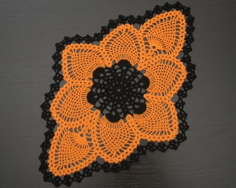 43 x 30 cm, 16.9 x 11.8 inch, Black, Orange, Pineapple, Halloween, Hand Crochet Doily, ogrc, 1079