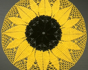 37 cm, 14.6“, Black & Yellow, Sunflower, Floral, Spring, Summer, Fall, Autumn, Modern, Farmhouse, Sunny, Hand Crocheted Doily, ogrc, 319