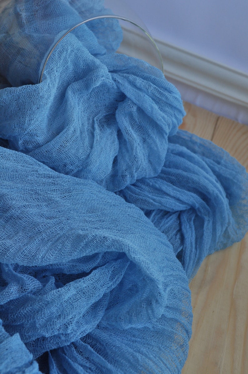 dusty blue cheesecloth table runner