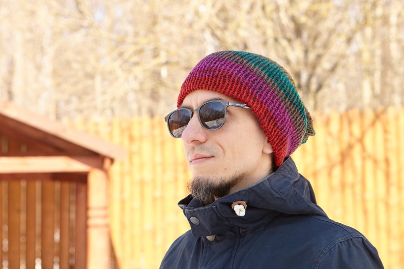 Handmade Green Red Purple Knitted Knit Slouchy Hat Autumn Spring Crochet Multi Coloured Motley Beanie Men Women Unisex Bohemian Oversized