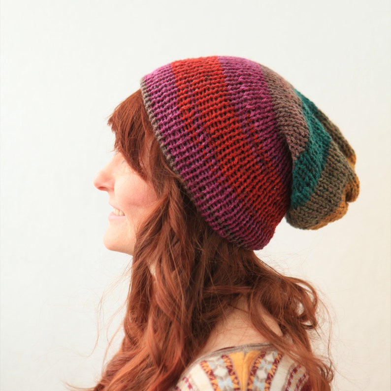 Handmade Green Red Purple Knitted Knit Slouchy Hat Autumn Spring Crochet Multi Coloured Motley Beanie Men Women Unisex Bohemian Oversized