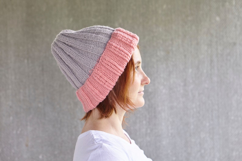 Handmade gray pink Knitted Knit Slouchy Hat Autumn Spring Crochet Beanie Men Women Unisex grey two colours