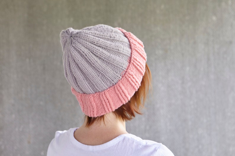 Handmade gray pink Knitted Knit Slouchy Hat Autumn Spring Crochet Beanie Men Women Unisex grey two colours