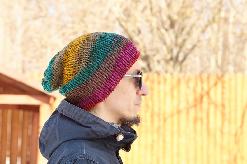 Handmade Green Red Purple Knitted Knit Slouchy Hat Autumn Spring Crochet Multi Coloured Motley Beanie Men Women Unisex Bohemian Oversized