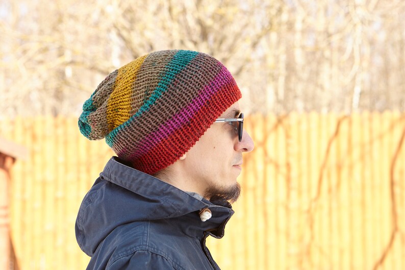 Handmade Green Red Purple Knitted Knit Slouchy Hat Autumn Spring Crochet Multi Coloured Motley Beanie Men Women Unisex Bohemian Oversized