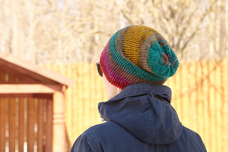 Handmade Green Red Purple Knitted Knit Slouchy Hat Autumn Spring Crochet Multi Coloured Motley Beanie Men Women Unisex Bohemian Oversized