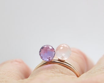 Delicate gold ring, engagement ring, front-plated ring of luminous amethyst or rose quartz in 585 rose gold, silver rose gold plated