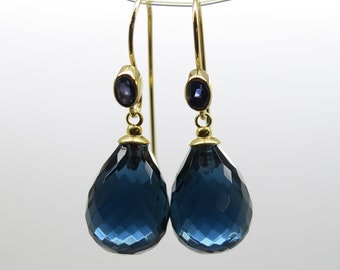 Bleu saphir, boucles d’oreilles étincelantes plaqué or 24 carats à argent 925