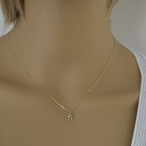 May include: A gold chain necklace with a small letter 'S' pendant.