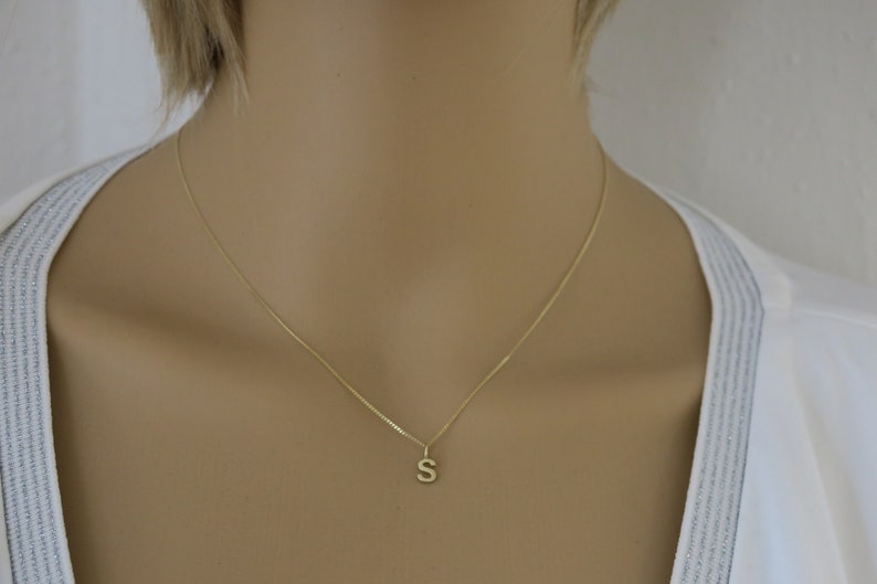 May include: A gold chain necklace with a small letter 'S' pendant.